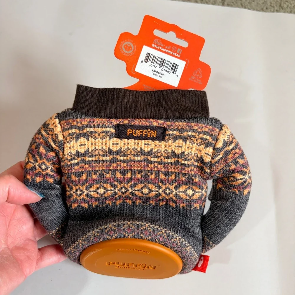 Puffin Drinkwear Espresso Cardigan Beer Can Cooler Koozie Fair Isle Knit NEW